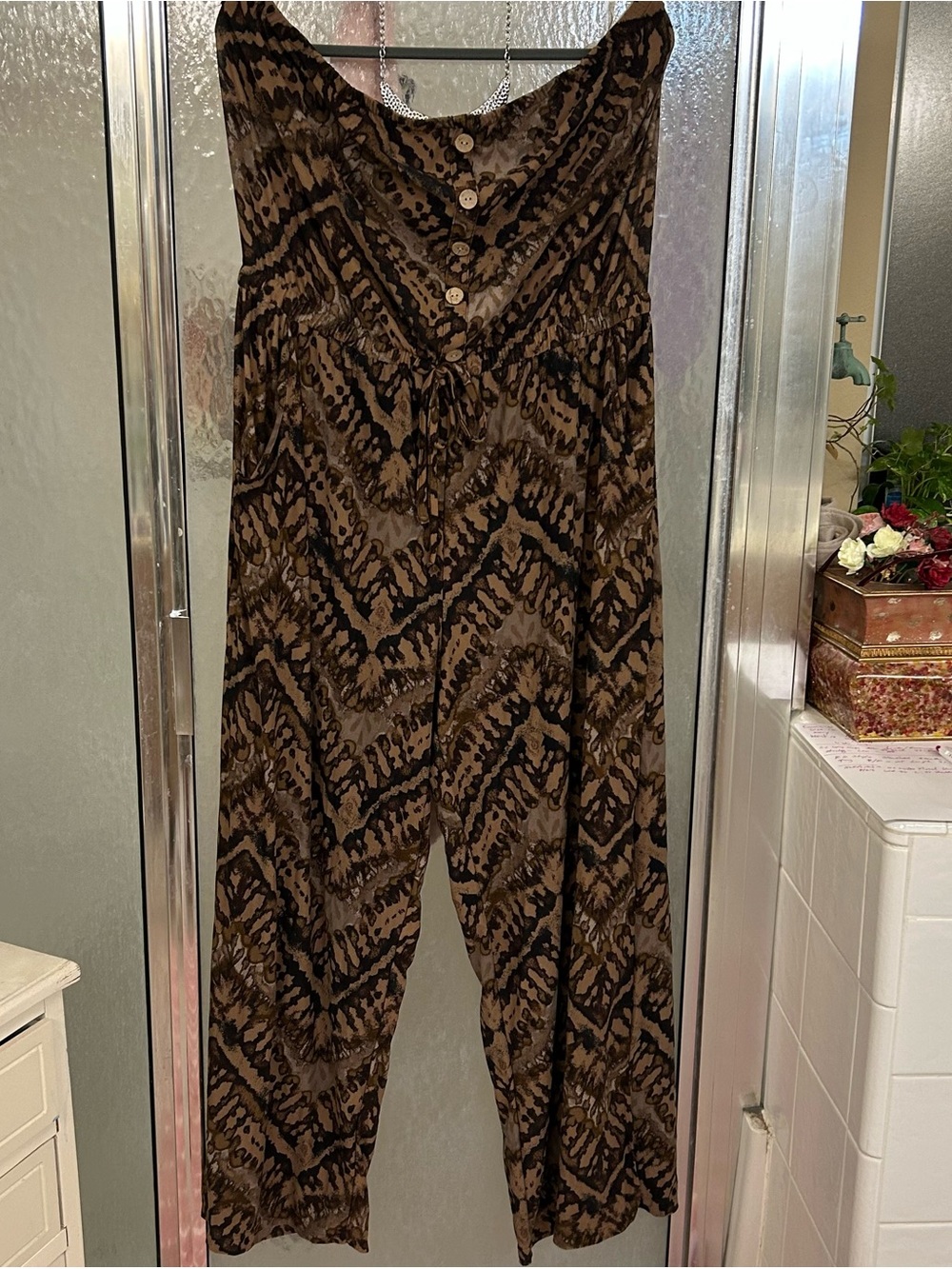 No Boundaries Brown Patterned Wide-Leg Jumpsuit